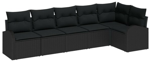 6 részes kerti kanapé szett párnákkal fekete poli rattan, 2 személyes kerti kanapé tárolóval és párnákkal fekete poli rattan
