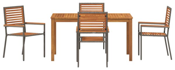 5 részes kerti étkezőkészlet Szürke Poli Rattan Akác, Egymásra rakható kerti székek párnákkal 2 db Szürke Poli Rattan