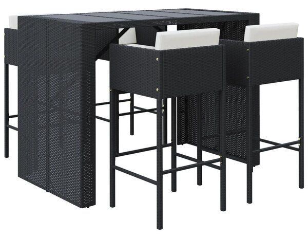 5 részes fekete polyrattan kerti bárszett párnával