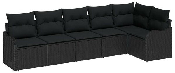 6 Darabos Kerti Kanapé Szett Párnákkal Fekete Poli Rattan, 2-Fős Kerti Kanapé Tárolóval&amp;Kényelmes Párnákkal Fekete Poli Rattan