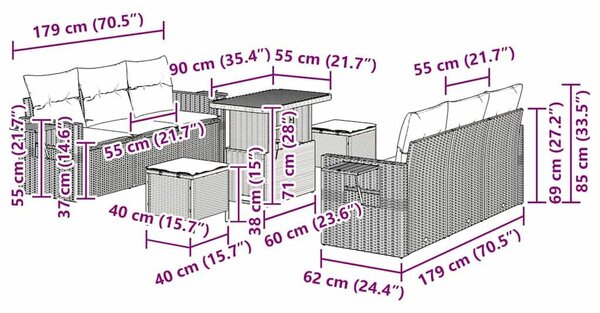 9 darabos kerti kanapé szett párnákkal Fekete Poli Rattan Akácia, 3 darabos kerti étkező szett párnákkal Fekete Poli Rattan Akácia