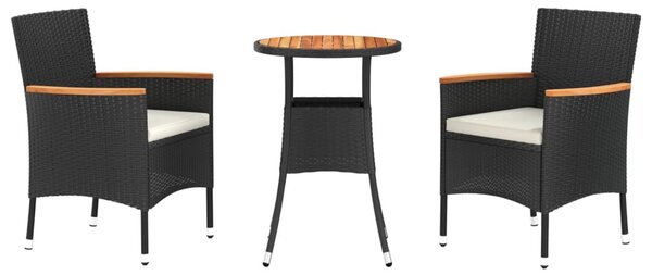 3 részes fekete polyrattan kerti bisztrógarnitúra párnákkal