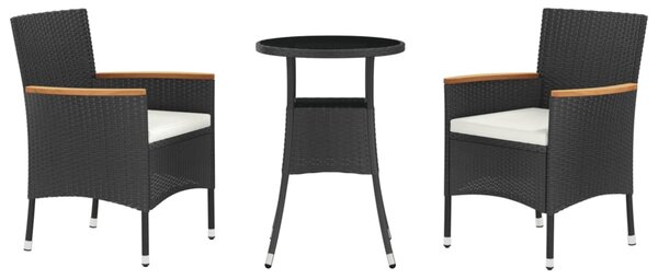 3 részes fekete polyrattan kerti bisztrógarnitúra párnákkal