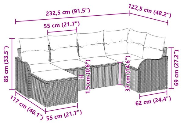 6 darabos kertibútor szett párnákkal világosszürke poli rattan, 2-személyes kertibútor párnákkal világosszürke poli rattan