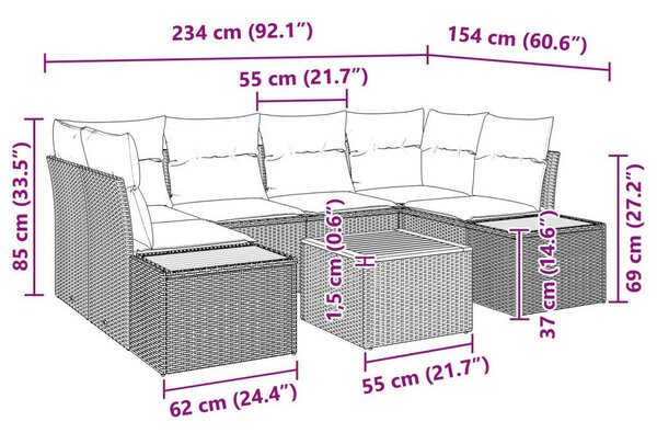 7 Darabos Kert Kanapé Szett Párnákkal Szürke Poli Rattan Akácia