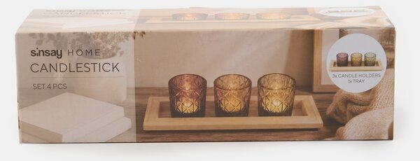 Sinsay - Színes üveg gyertyatartó szett fa alappal 4 pack - többszínű