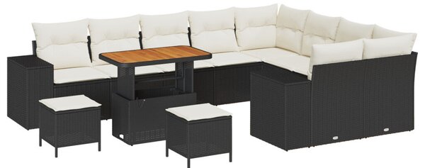 12 darabos kerti sofa készlet párnákkal fekete poly ratán akác, 3 darabos kerti étkező készlet párnákkal fekete poly ratán akác