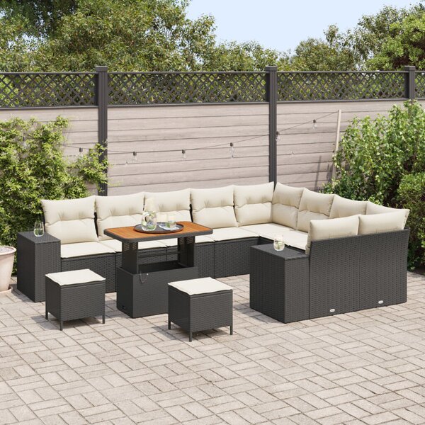 12 darabos kerti sofa készlet párnákkal fekete poly ratán akác, 3 darabos kerti étkező készlet párnákkal fekete poly ratán akác