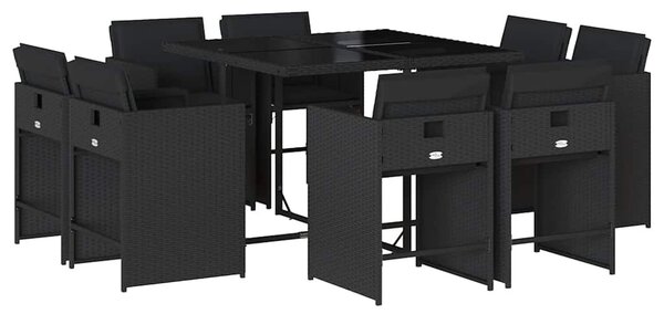 9 részes fekete polyrattan kerti étkezőgarnitúra párnákkal