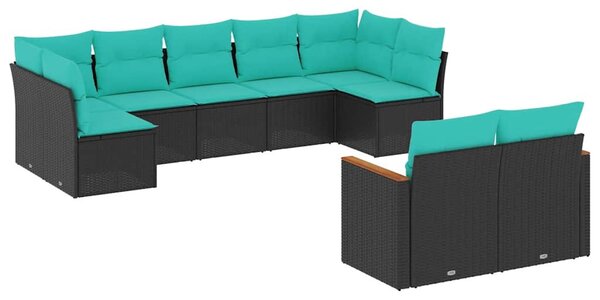 9 db fekete polyrattan kerti kanapégarnitúra párnákkal