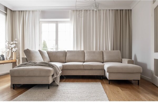 Bézs kordbársony kinyitható sarokkanapé (bal oldali) Lofty Lilly – Miuform