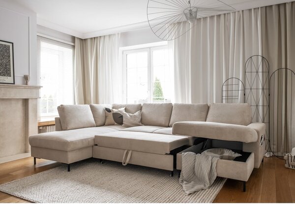 Bézs kordbársony kinyitható sarokkanapé (bal oldali) Lofty Lilly – Miuform