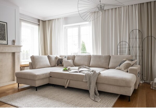 Bézs kordbársony kinyitható sarokkanapé (bal oldali) Lofty Lilly – Miuform