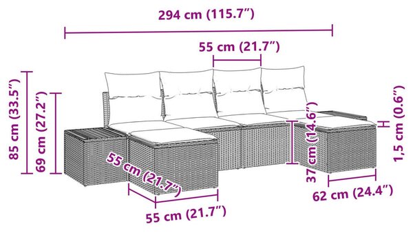 6 részes Kerti Kanapé Szett Párnákkal Világosszürke Poli Rattan