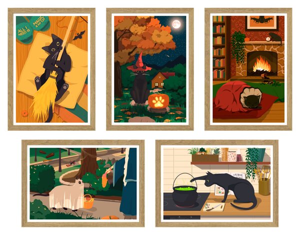 Fekete macskás Halloween 5 darabos egyedi rajzolt grafika falikép kollekció