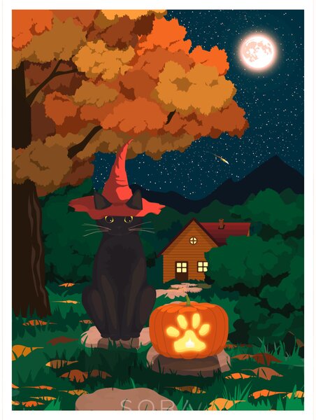Fekete macskás Halloween 2 egyedi rajzolt grafika falikép