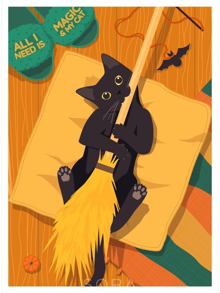 Fekete macskás Halloween 1 egyedi rajzolt grafika falikép