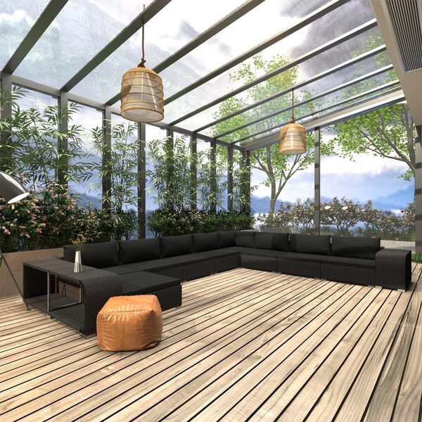 VidaXL 11-részes fekete polyrattan kerti bútorszett párnákkal