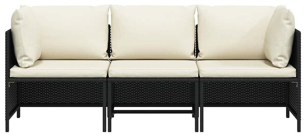 3 személyes fekete polyrattan kerti kanapé párnákkal