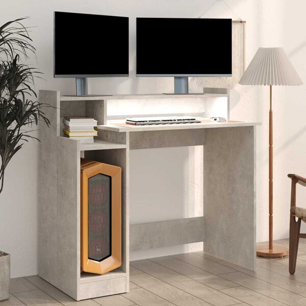 Betonszürke szerelt fa íróasztal LED-ekkel 97 x 45 x 90 cm
