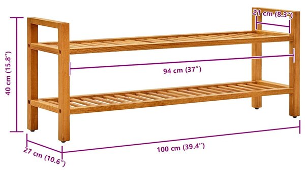 Tömör tölgyfa cipőtartó 2 polccal 100 x 27 x 40 cm