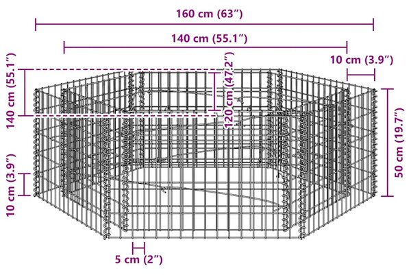 Hatszögletű gabion magaságyás 160 x 140 x 50 cm