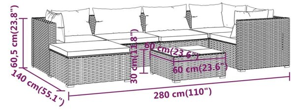 VidaXL 7 részes fekete polyrattan kerti ülőgarnitúra párnákkal