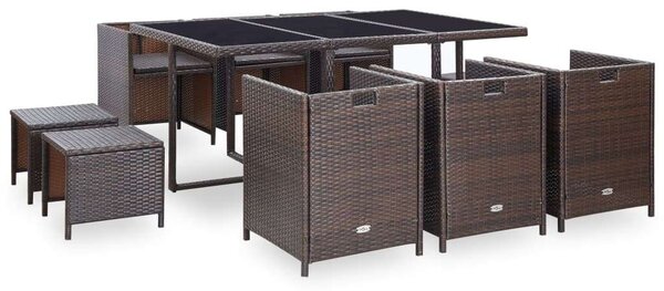 11-részes barna kültéri polyrattan étkezőszett párnákkal
