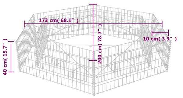 Hatszögletű gabion magaságyás 200 x 173 x 40 cm