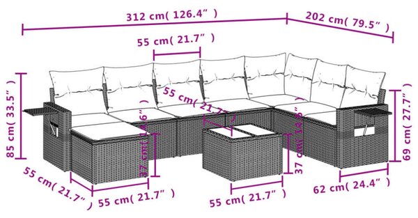 VidaXL Polyrattan Kerti Ülőgarnitúra - 9 részes - Fekete