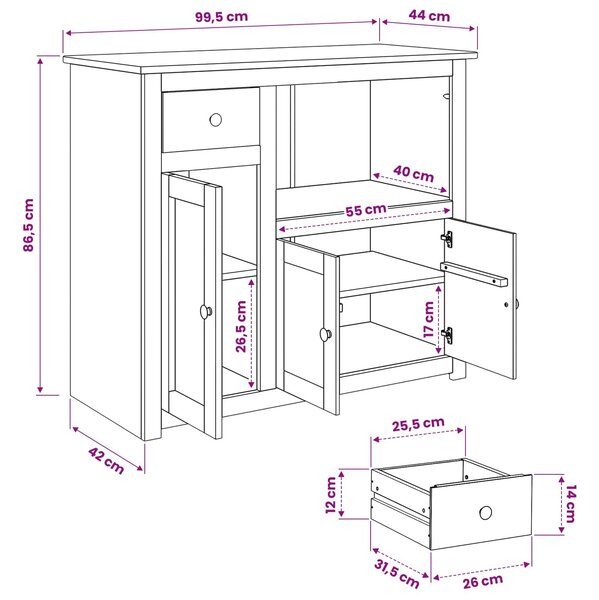 VidaXL Mikró felület fiókkal PANAMA Mézes Viasz 99.5 x 44 x 86.5 cm