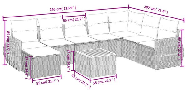 VidaXL Polyrattan Kerti Ülőgarnitúra - 9 részes - Fekete