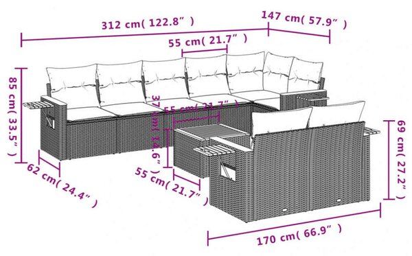 VidaXL Polyrattan Kerti Ülőgarnitúra - 9 részes - Fekete