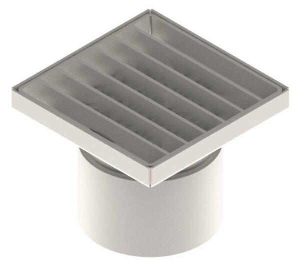 STAINLESS inox padlóösszefolyó – 150×150 mm, réses fedlap, függőleges kimenet DN110