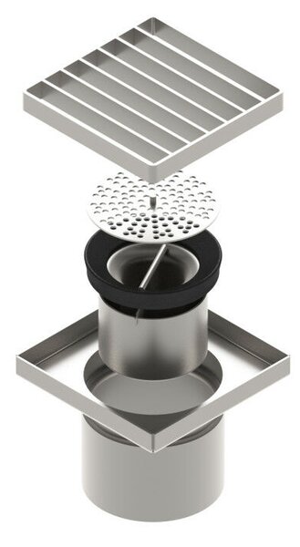 STAINLESS inox padlóösszefolyó – 150×150 mm, réses fedlap, függőleges kimenet DN110