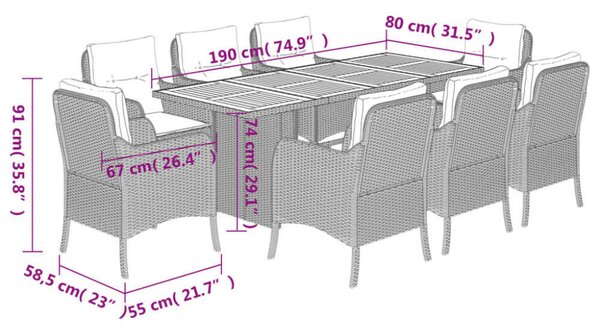 VidaXL Polyrattan Kerti Étkezőgarnitúra - 9 részes - Fekete