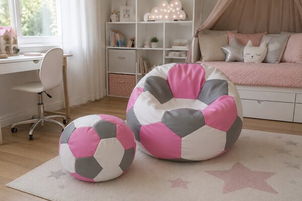 JAKS XXXL futball labda alakú babzsákfotel lábtartóval fehér-rózsaszín-szürke