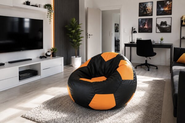 JAKS Produkt XXXL futball labda alakú babzsákfotel lábtartóval fekete-narancssárga