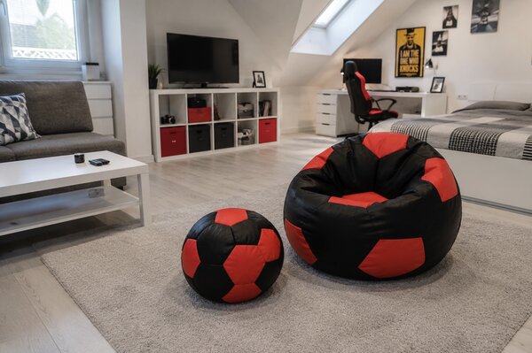JAKS XXXL futball labda alakú babzsákfotel lábtartóval fekete-piros