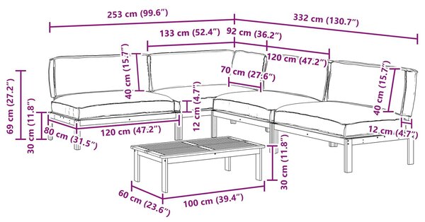 VidaXL Kanapé Szett párnával Egyszínű 5 pcs Antracit Tömör Akácfa