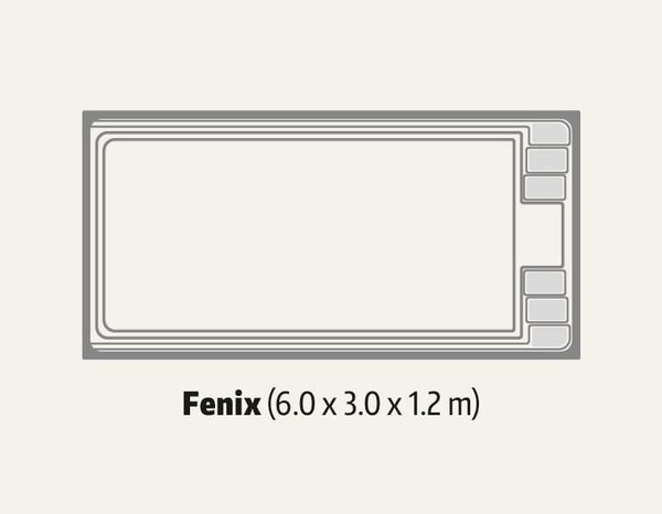 Fenix coral üvegszálas kompozit medence 6,0 x 3,0 x 1,2 m, standard Grey Rock kivitelben