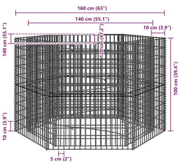 Hatszögletű gabion magaságyás 160 x 140 x 100 cm