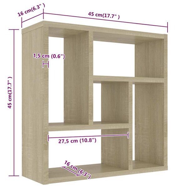 Sonoma tölgy szerelt fa fali polc 45 x 16 x 45 cm
