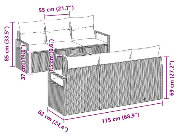 7 darabos kerti kanapészett párnákkal Szürke Poli Rattan Akácia, 2 személyes kerti kanapé párnákkal Szürke Poli Rattan