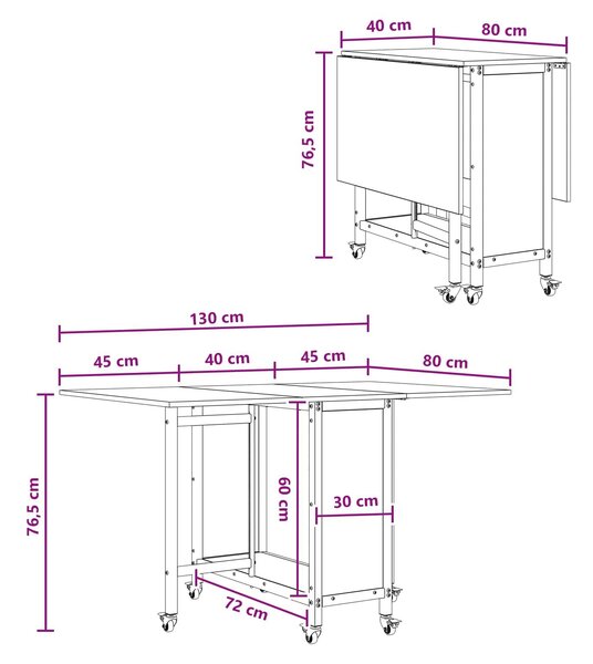 VidaXL Összecsukható étkezőasztal görgőkkel 130 x 80 x 76,5 cm acél PB