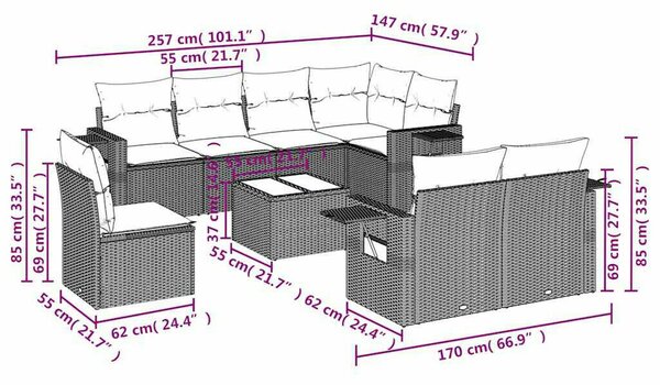 VidaXL Polyrattan Kerti Ülőgarnitúra - 9 részes - Fekete