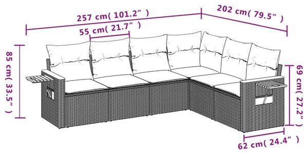 VidaXL 6 részes fekete polyrattan kerti ülőgarnitúra párnákkal