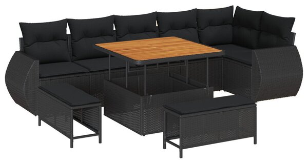 9 Darab Kert Szófa Szett Párnákkal, Fekete Poli Rattan Akác
