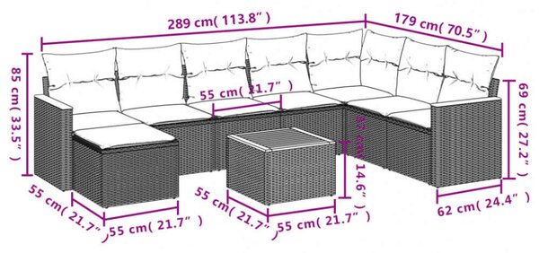 VidaXL Polyrattan Kerti Ülőgarnitúra - 9 részes - Szürke