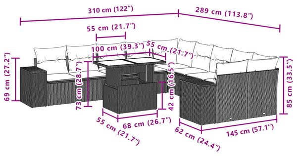 VidaXL Polyrattan Kerti Ülőgarnitúra - 11 részes - Szürke